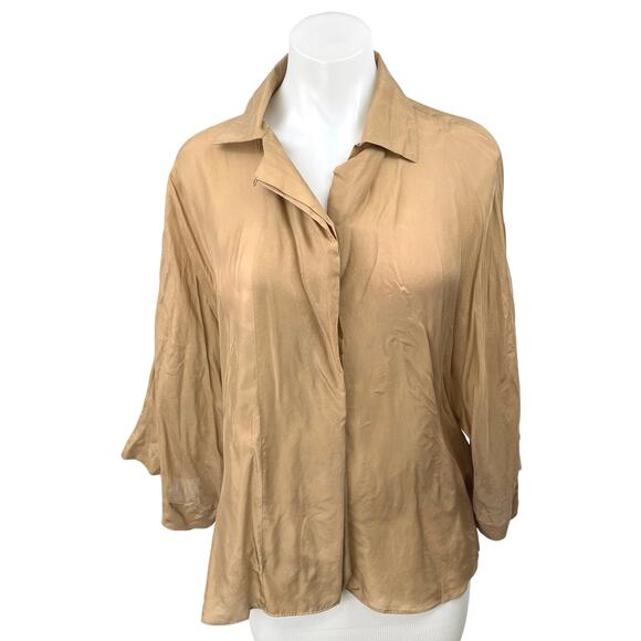 Massimo Dutti Brown 100% Silk Satin Button Down Long Sleeve Shirt Blouse Top M - Picture 1 of 4